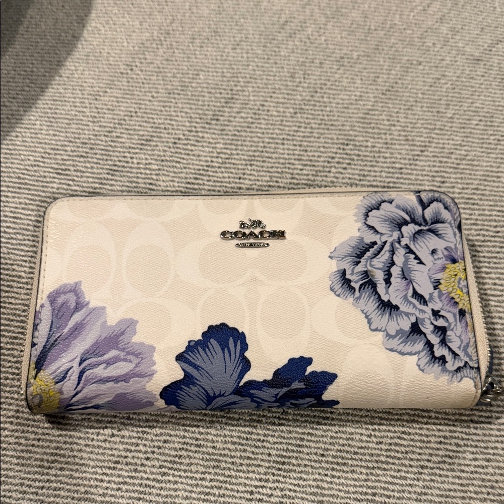 Coach Women's Wallet with Blue and Cream Floral Design